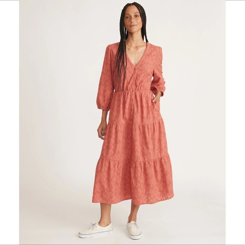 Marine Layer Willow eyelet dress mineral red shirt cotton midi pockets new Small